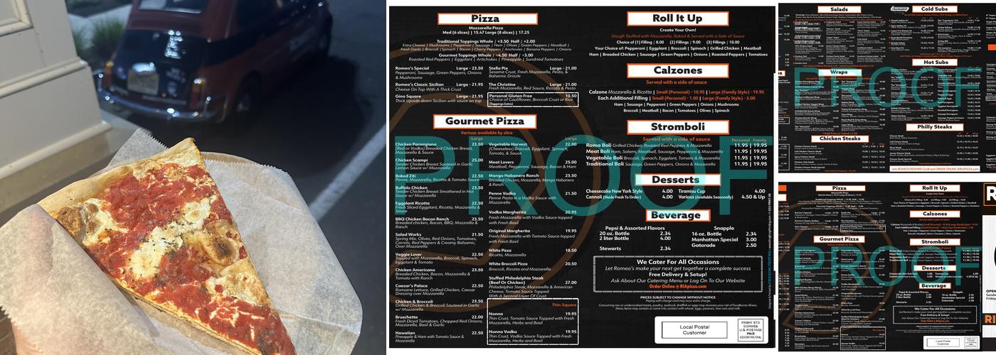 Romeo’s pizza Italian American Menu