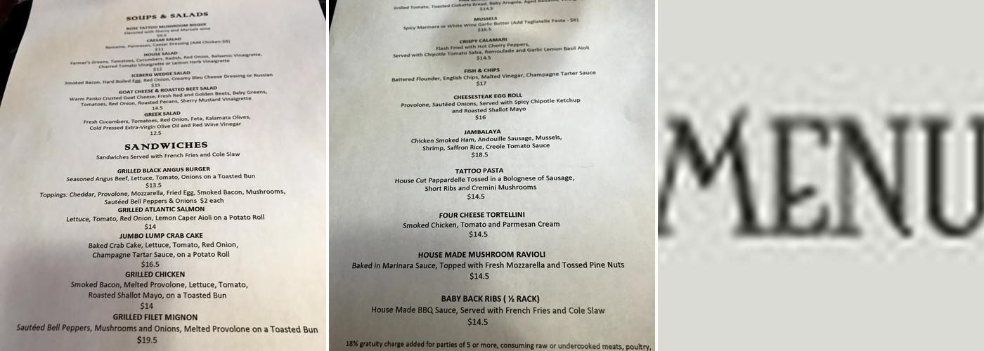 Rose Tattoo Cafe Menu