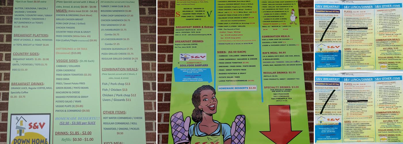 S & V Down Home Cooking Menu
