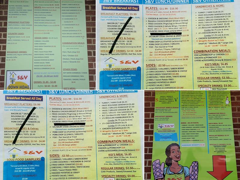 S & V Down Home Cooking Menu