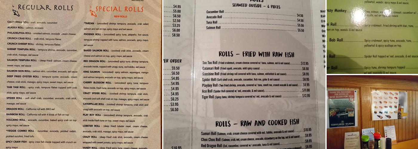Samurai Sushi Menu