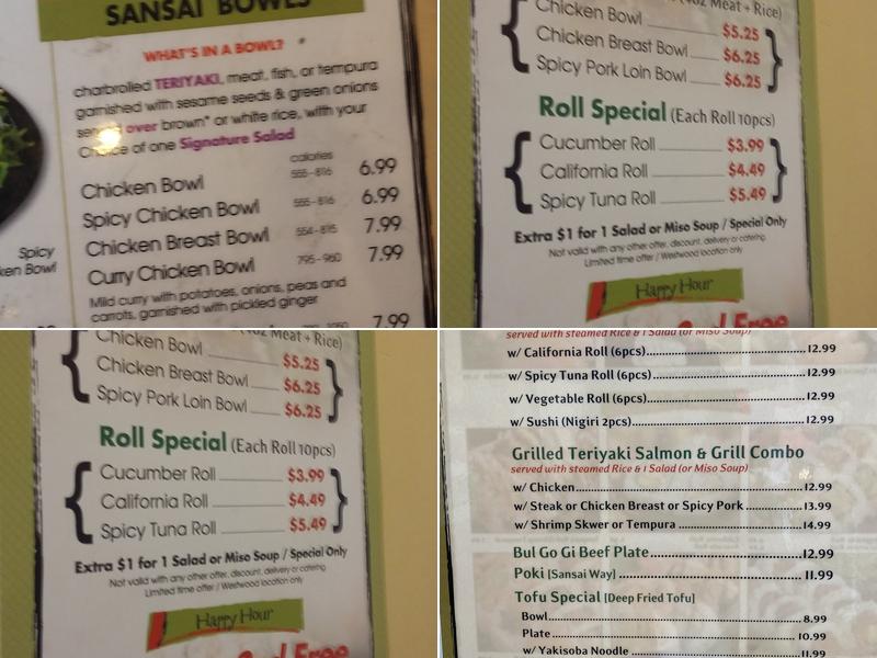 Sansai Japanese Grill Westwood Menu