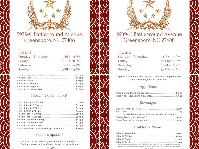 Sapporo Fantasy Japanese Steak Menu