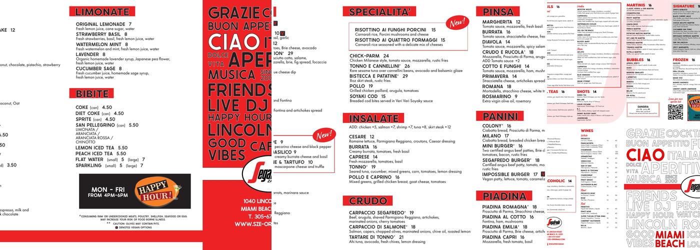 Segafredo L'Originale Menu
