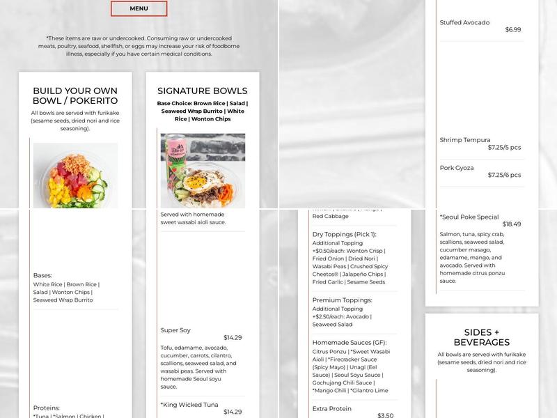 Seoul Poke Bowl Menu