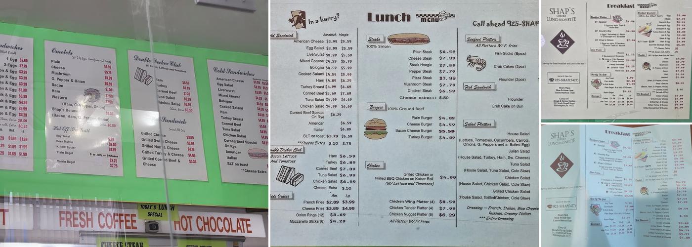 Shap's Corner Luncheonette Menu