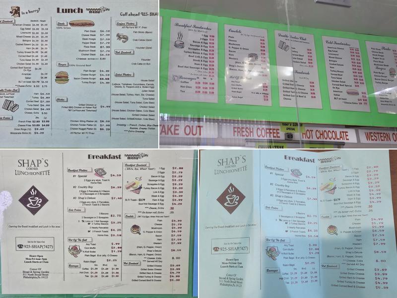 Shap's Corner Luncheonette Menu