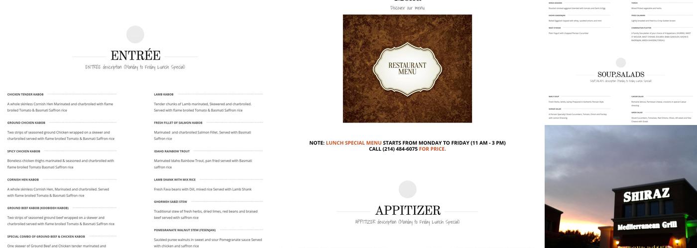 Shiraz Mediterranean Grill Menu