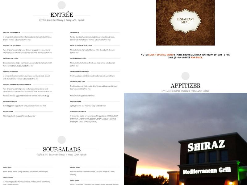 Shiraz Mediterranean Grill Menu