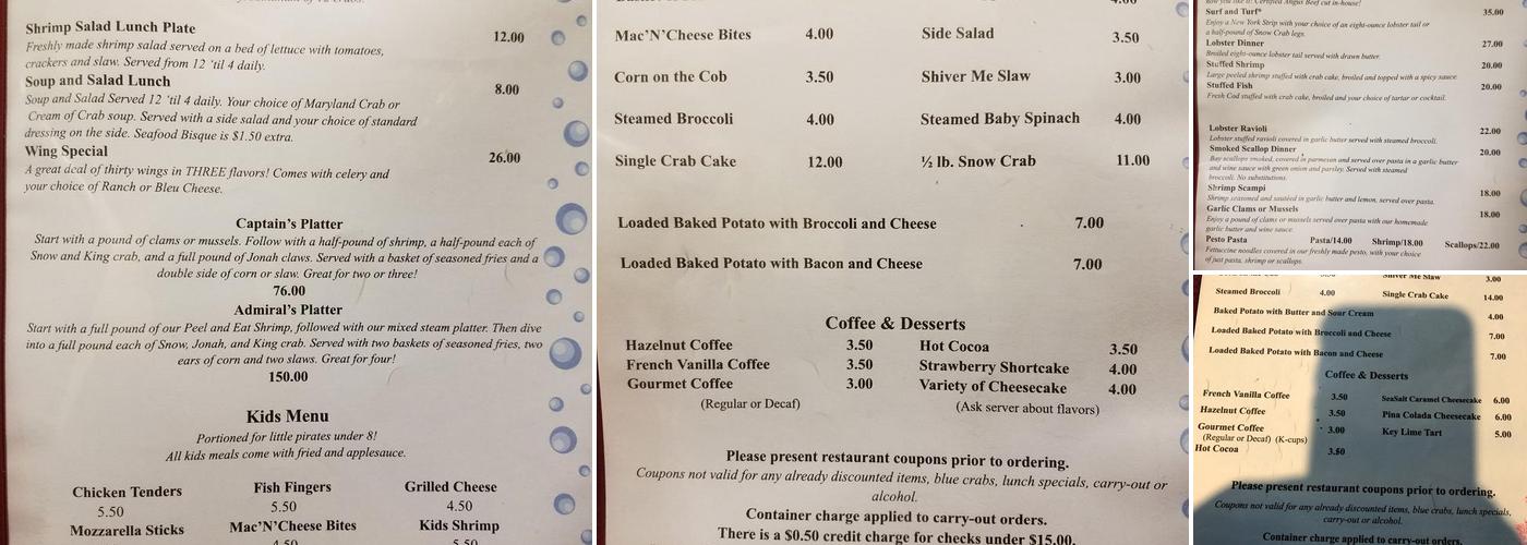 Shiver Me Pinchers Seafood Menu