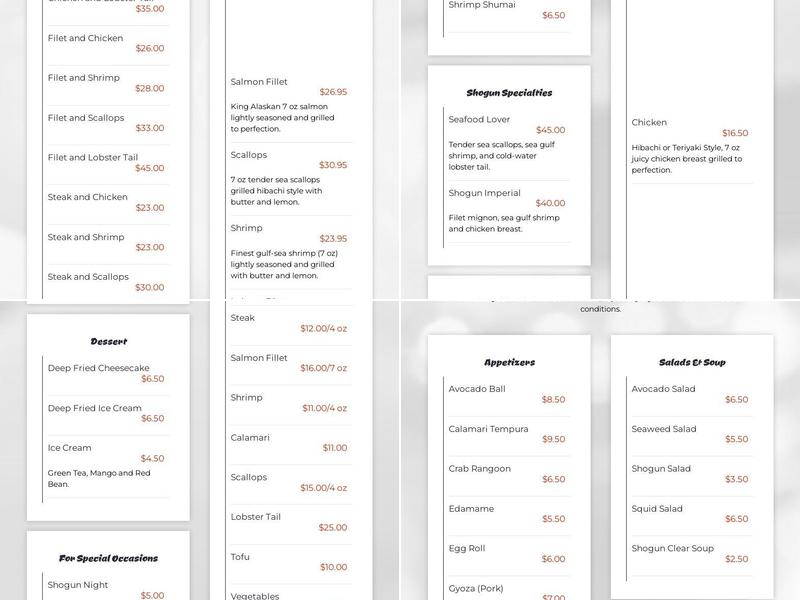 Shogun Japanese Steakhouse Menu