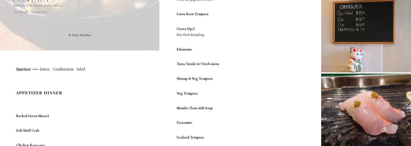 Shunka Sushi & Japanese Cuisine Menu