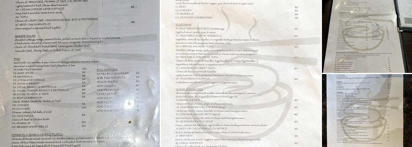 Simmer Vietnamese Kitchen Menu