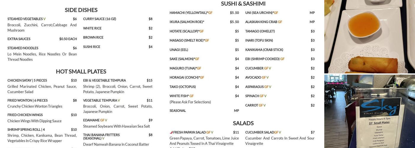 Sky Thai Sushi Menu