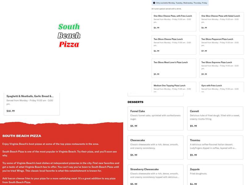 South Beach Pizza Menu