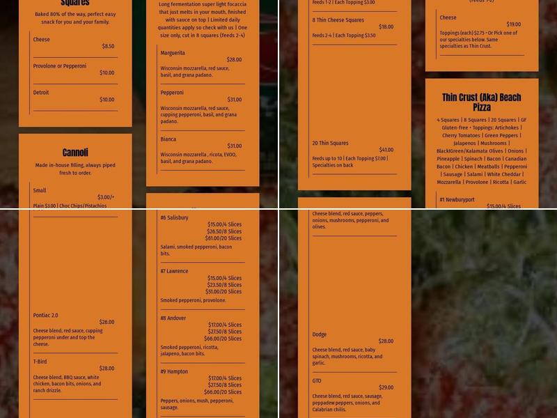 Square Pizza Menu