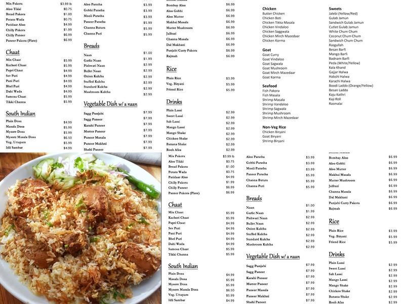 Standard Sweets Menu