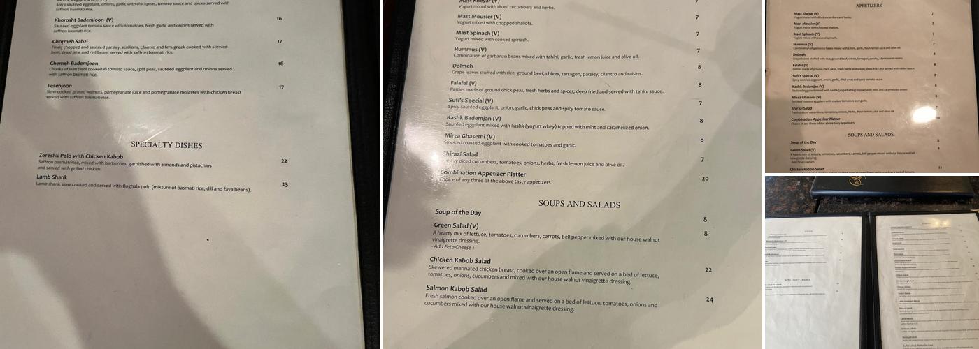 Sufi's Kitchen Menu