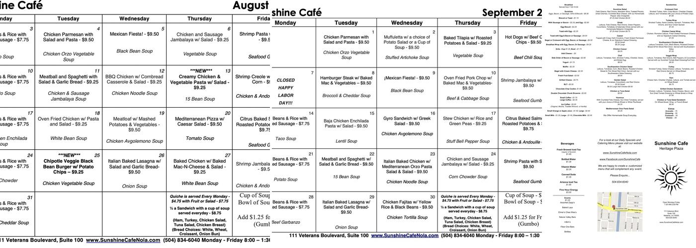 Sunshine Café Menu