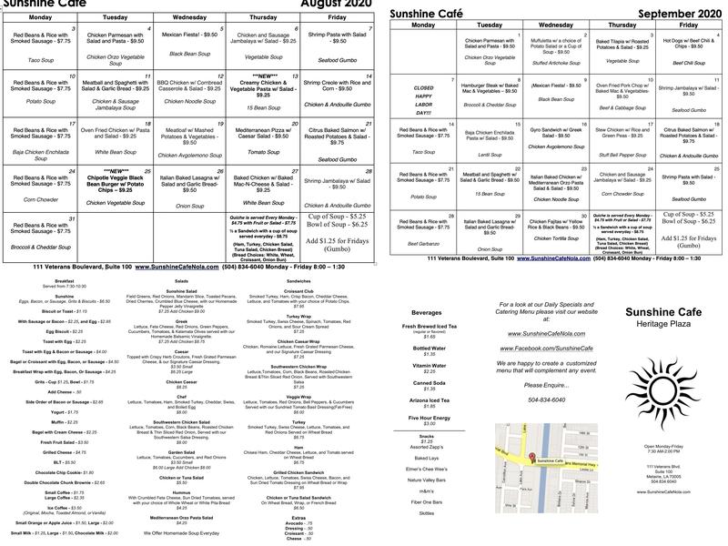 Sunshine Café Menu