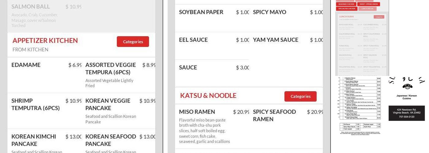 Sushi Mama & 92 Chicken korean style Menu