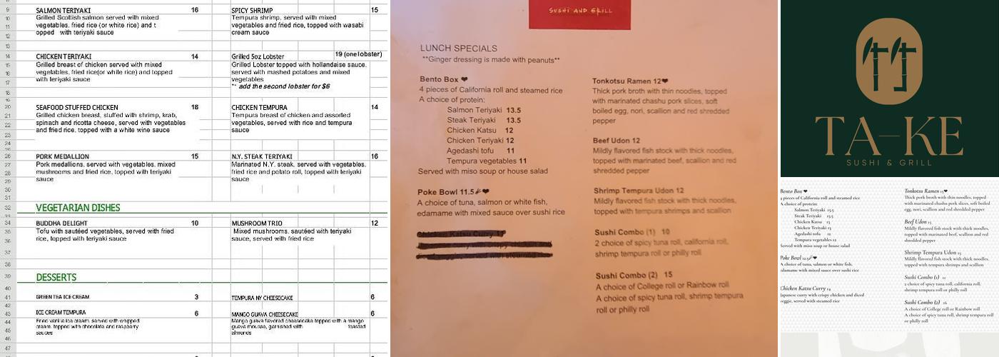 Ta-Ke Sushi and Grill Menu