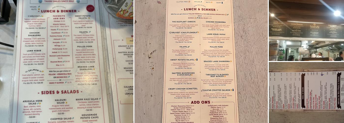 Taboonette Menu