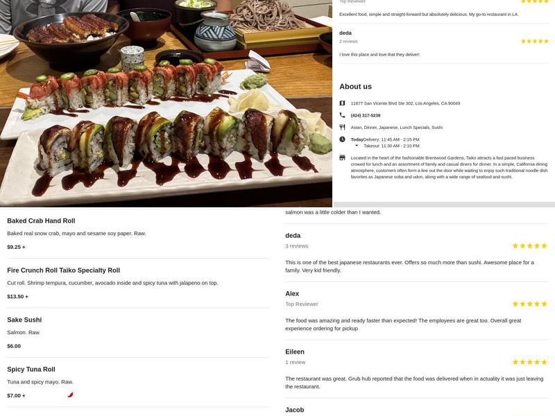 Taiko Restaurant Menu