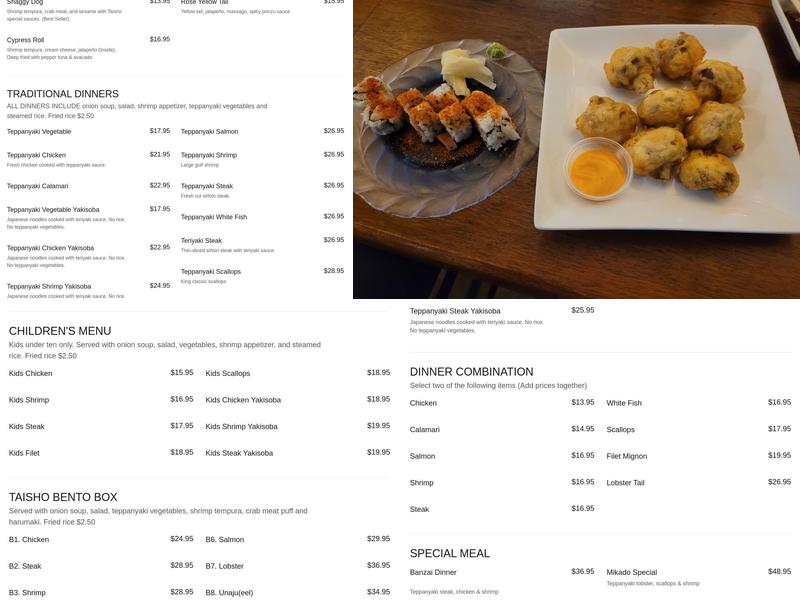 Taisho Japanese Grill and Sushi Bar Menu