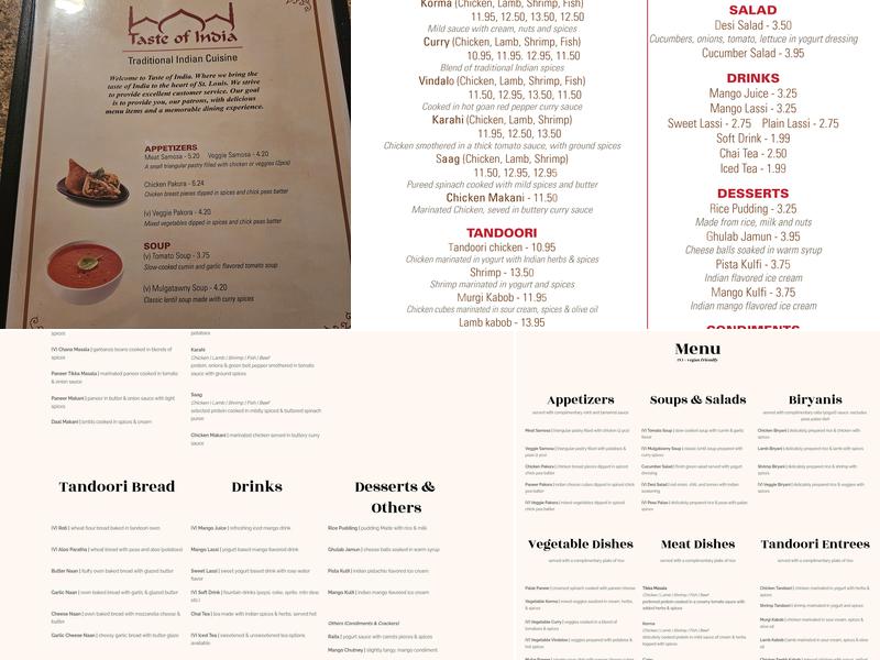 Taste of India Menu