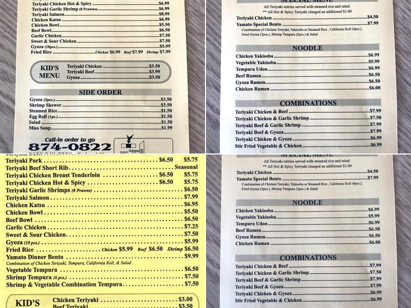 Yamato Teriyaki Menu