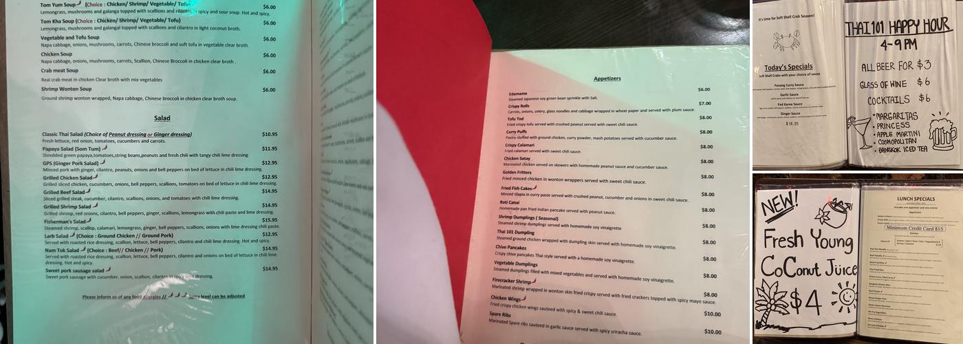 Thai 101 Menu