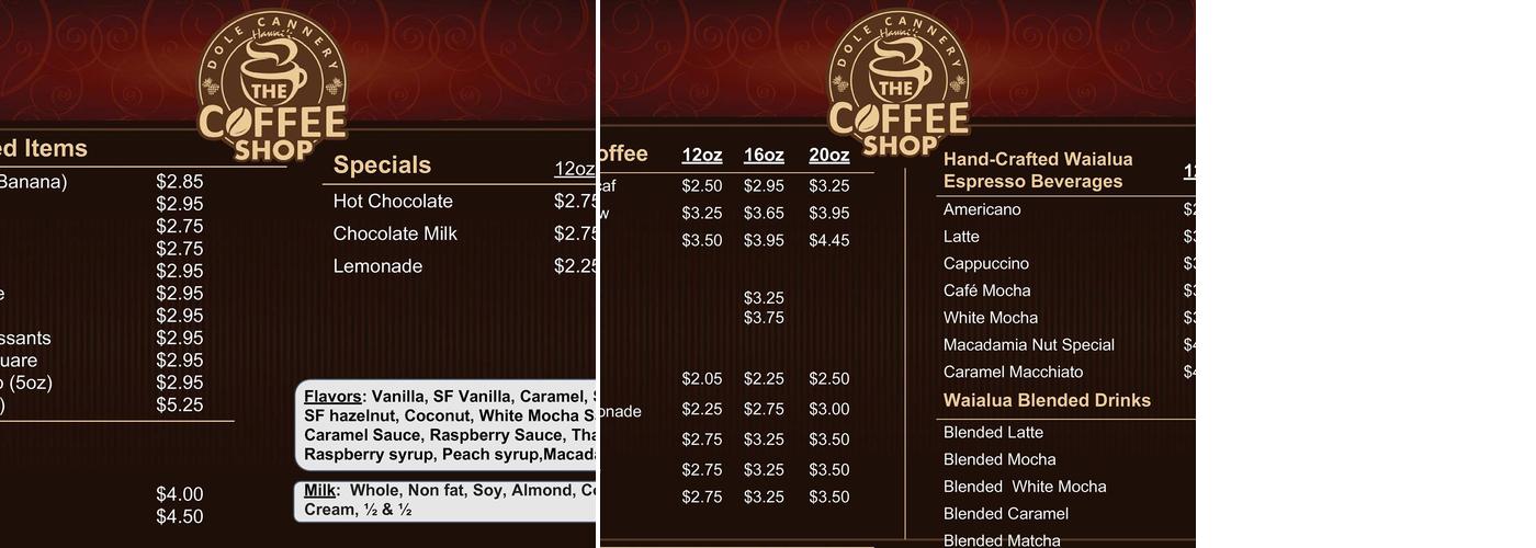 The Coffee Shop at Dole Cannery Menu