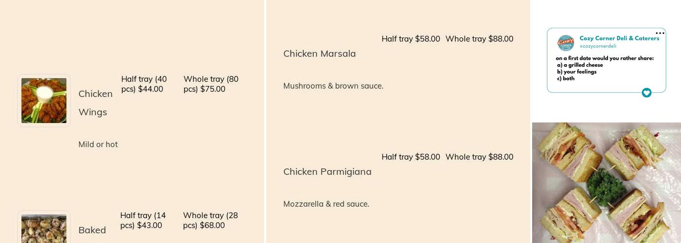 Cozy Corner Deli and Caterers Menu