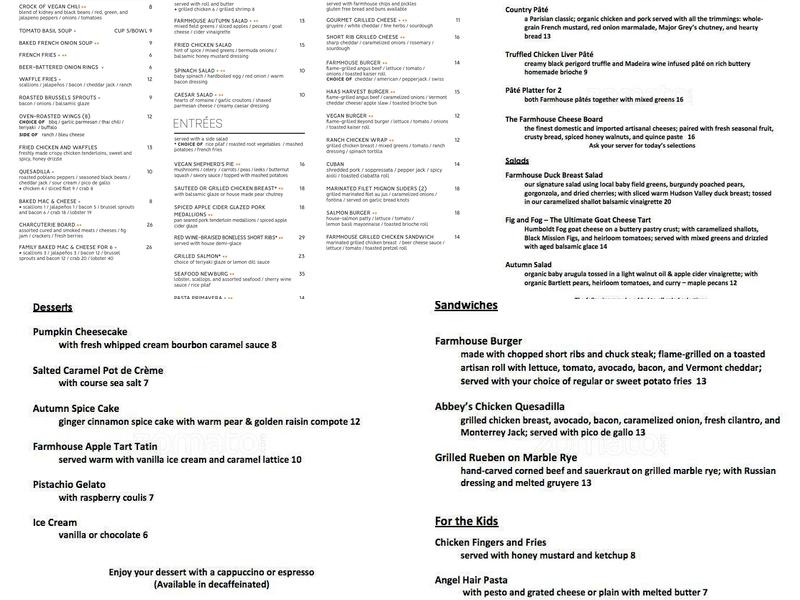 The Farmhouse Bistro Menu