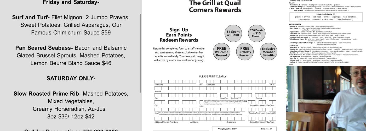 The Grill At Quail Corners Menu
