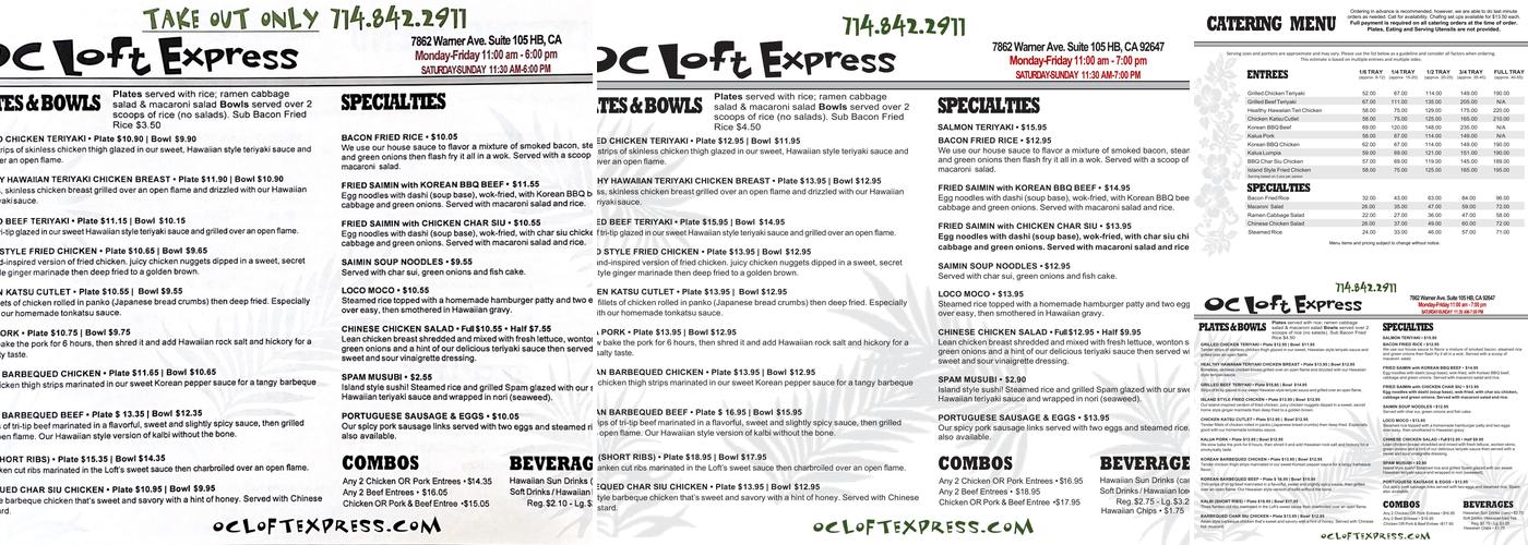 Loft Hawaii Menu