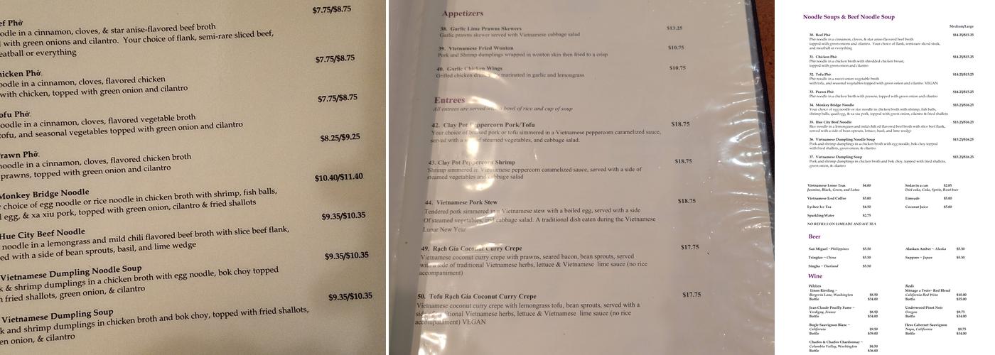 The Monkey Bridge Menu