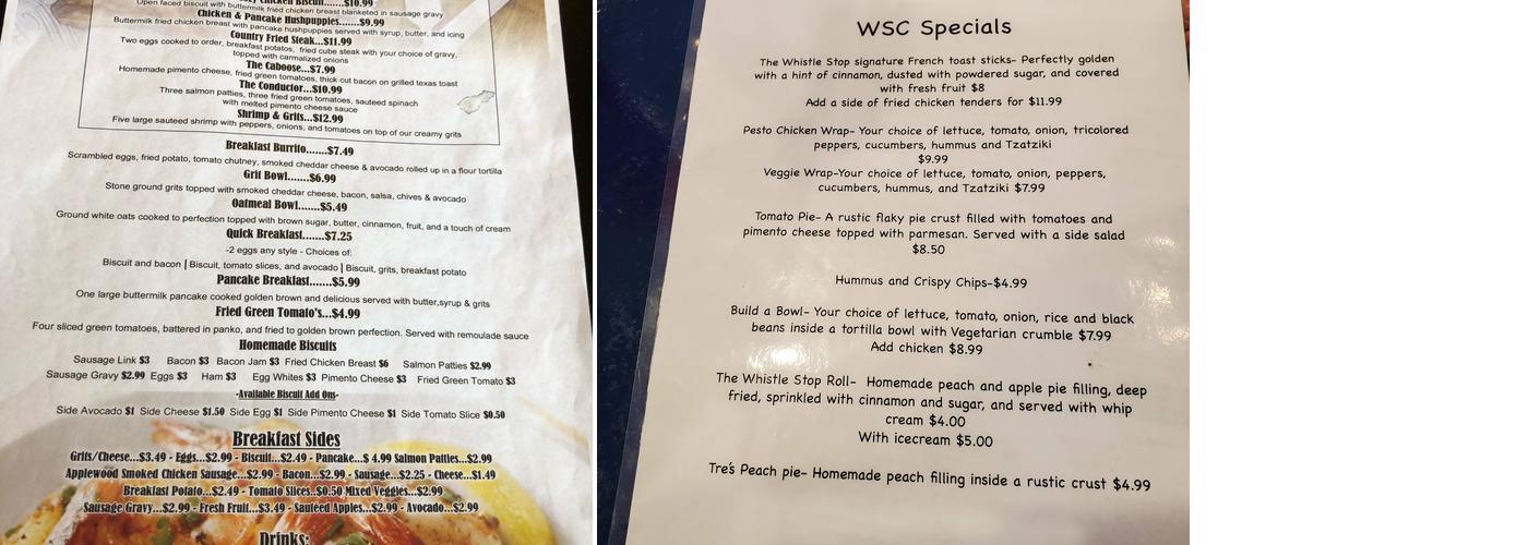 The Whistle Stop Cafe of Augusta Menu