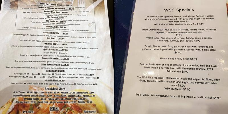 The Whistle Stop Cafe of Augusta Menu