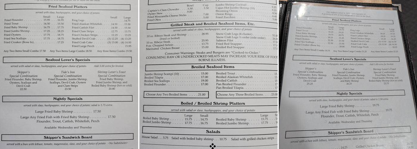 Tides Inn Steak & Seafood Menu