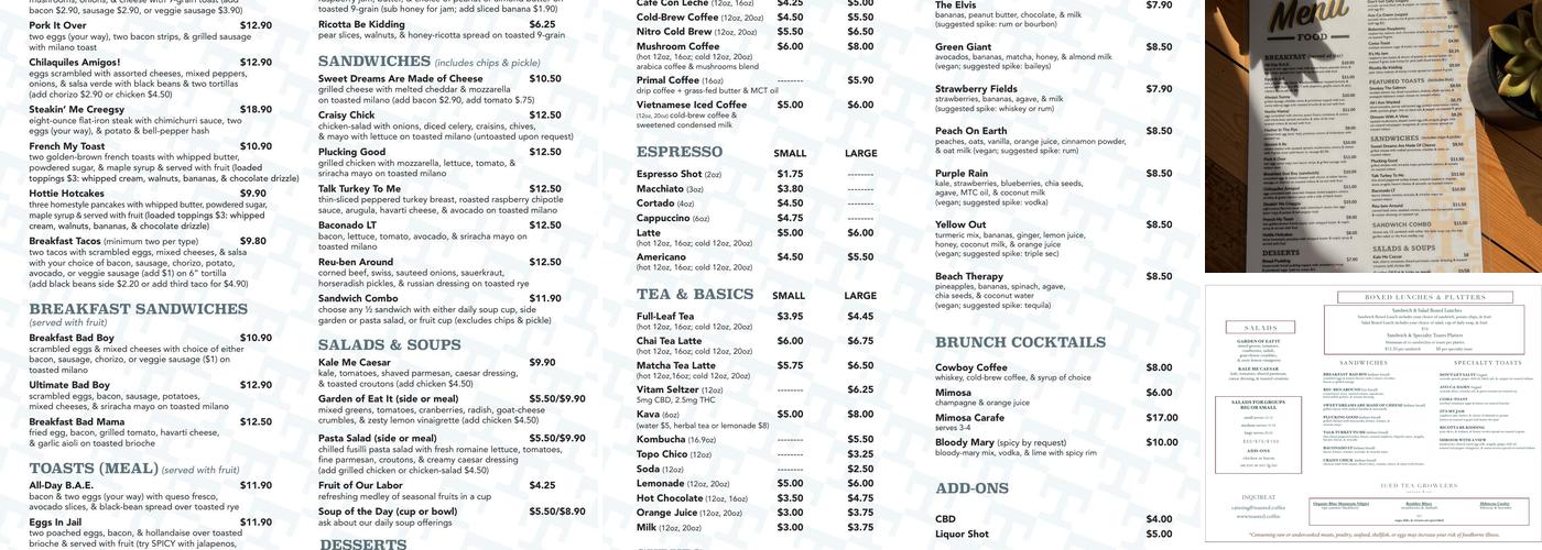 Toasted Coffee + Kitchen Menu