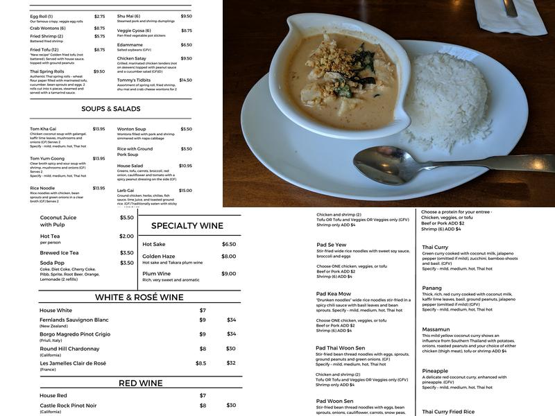 Tommy's Thai Menu