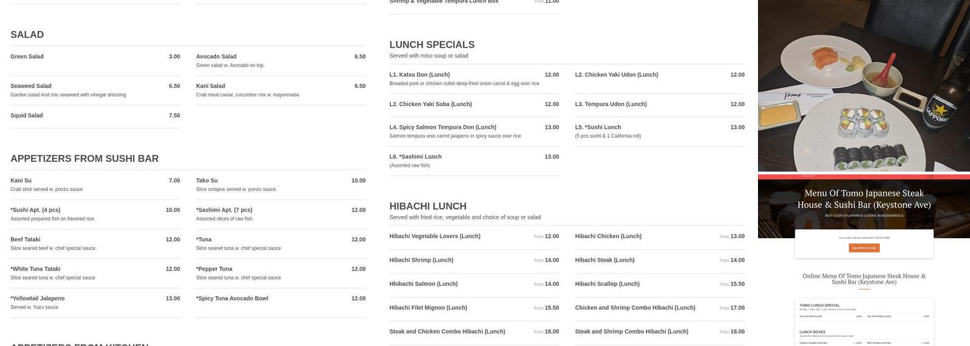 Tomo Japanese Steakhouse Menu