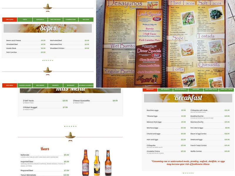 Tony's Mexican Food Menu