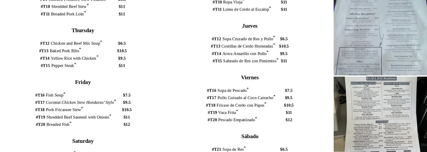 Tropics Cafe Menu