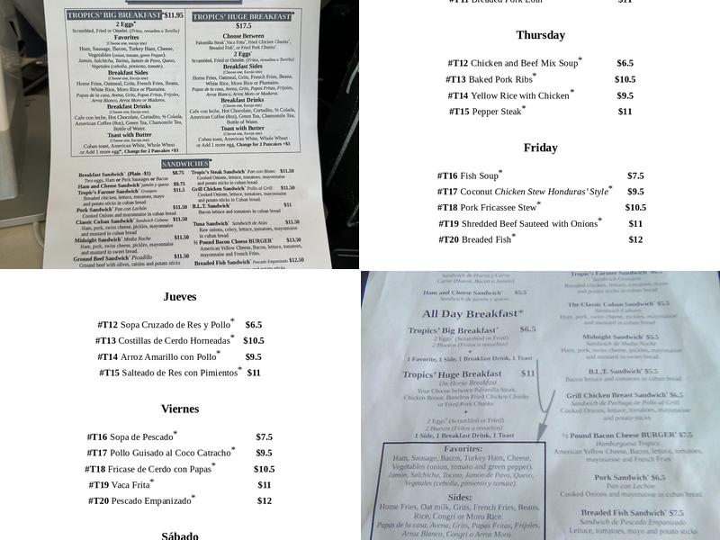 Tropics Cafe Menu