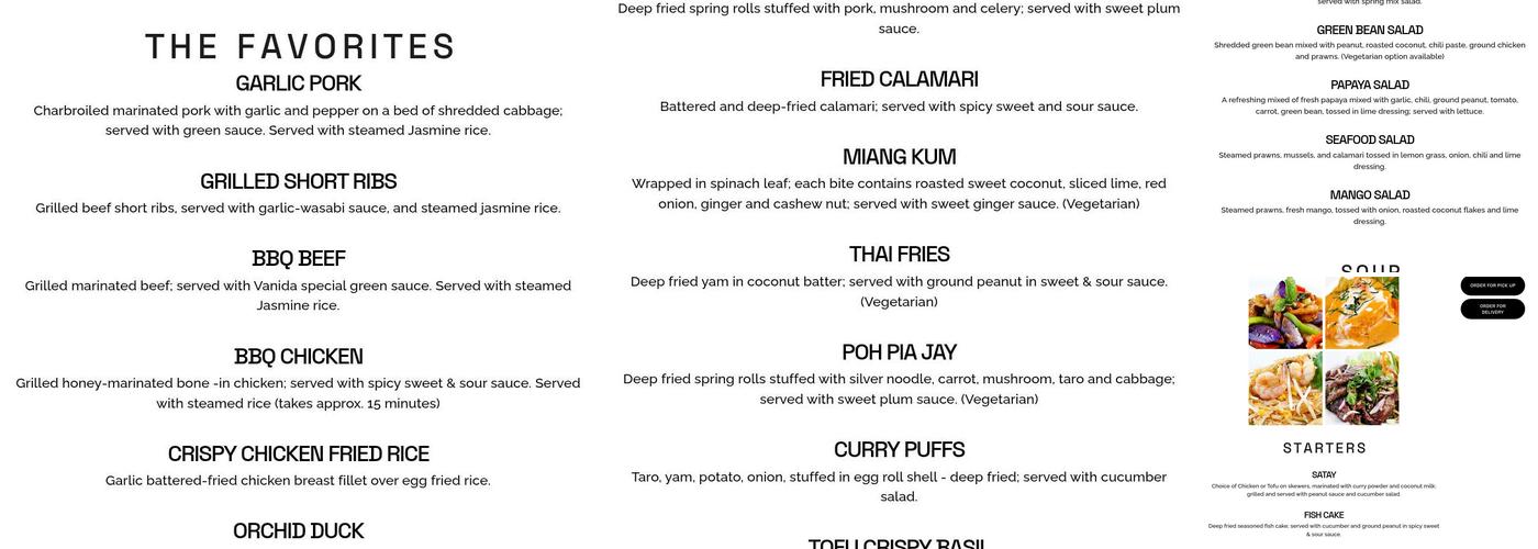 Vanida Thai Kitchen Menu