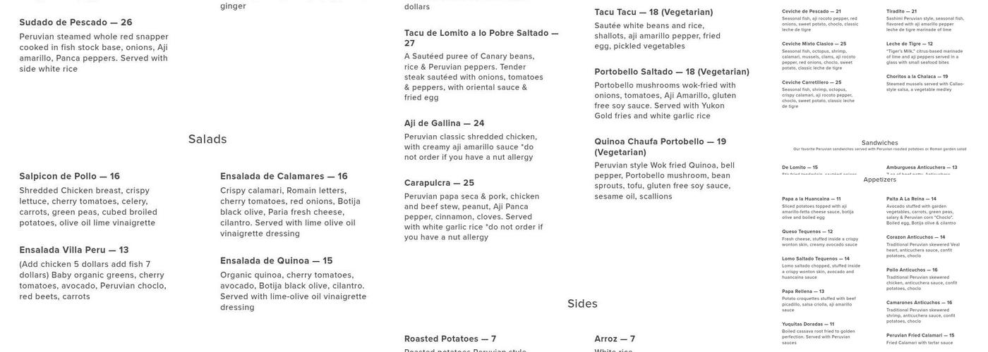 Villa Peru Menu