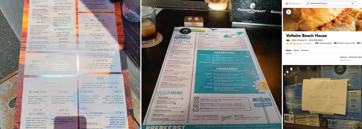 Voltaire Beach House Menu